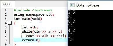 C++语言怎样多行输入然后再多行输出呢？如输入3 5，6 8，2 8，输出8,14,10