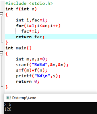 c语言程序，输入2 个正整数m 和n,计算m!+n!｡