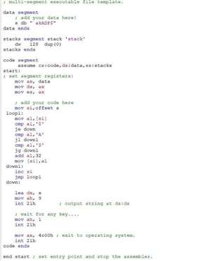 emu8086内存中有一串字符串，如” akADF$”，设计程序，自动将其中的大写字母变成小写