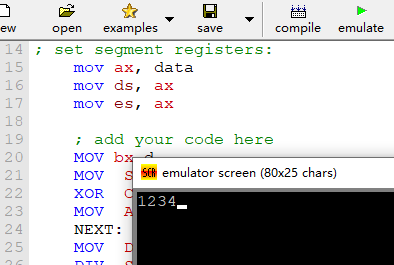 emu8086在内存数据段中存储一个四位数，并在显示屏上以十进制的形式显示它