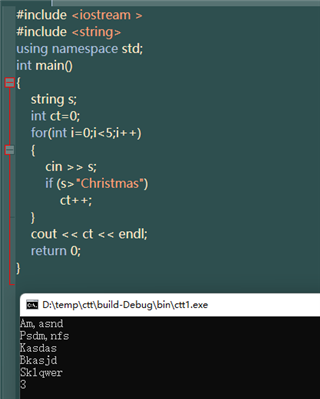 C++任意输入五个字符串，统计其中所有大于串“Christmas”的字符串个数