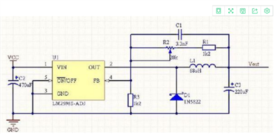 LM2596-ADJ稳压电路电源一到2.2a就短路这是为什么？这一个电路图。