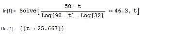 解方程：46.3=[(90-t)-32]/[ln(90-t)-ln32]