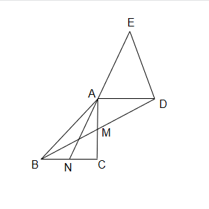在如图所示的三角形ABC中，AC=BC，∠C=90°，点M、N分别是边AC和BC的中点，点D在射线B