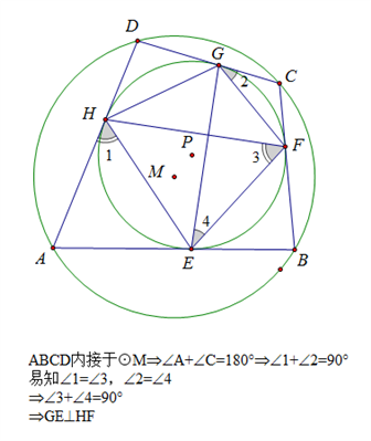 初中四边形ABCD内接与圆M且每条边均与圆P相切切点分别为EFGH连接GE HF求证GE垂直于HF