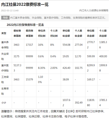 2022内江市社保个人缴费标准是多少钱