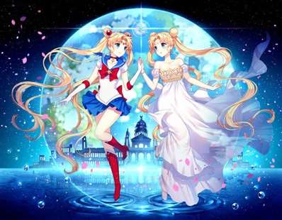 美少女战士的一张图片要高清的，上面是水手月亮和倩尼迪，两人手贴手看着对方，倩尼迪长裙站立